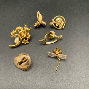 Lot Of 6 VTG Avon Lapel Pins Gold Tone Birds Hearts Owls